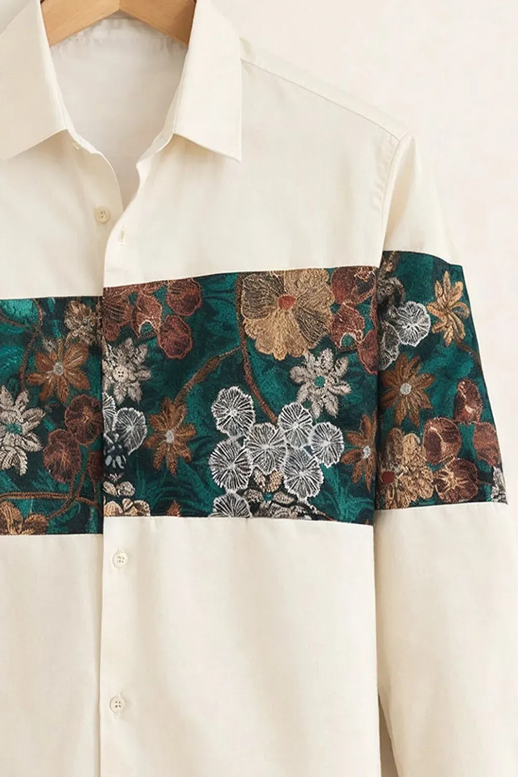 Exploty Premium Floral Panel Long Sleeve Casual Button-Down Shirt for Men | Elegant Botanical Printed Cotton Blend Fashion Shirt | Modern Smart Casual Designer Overshirt