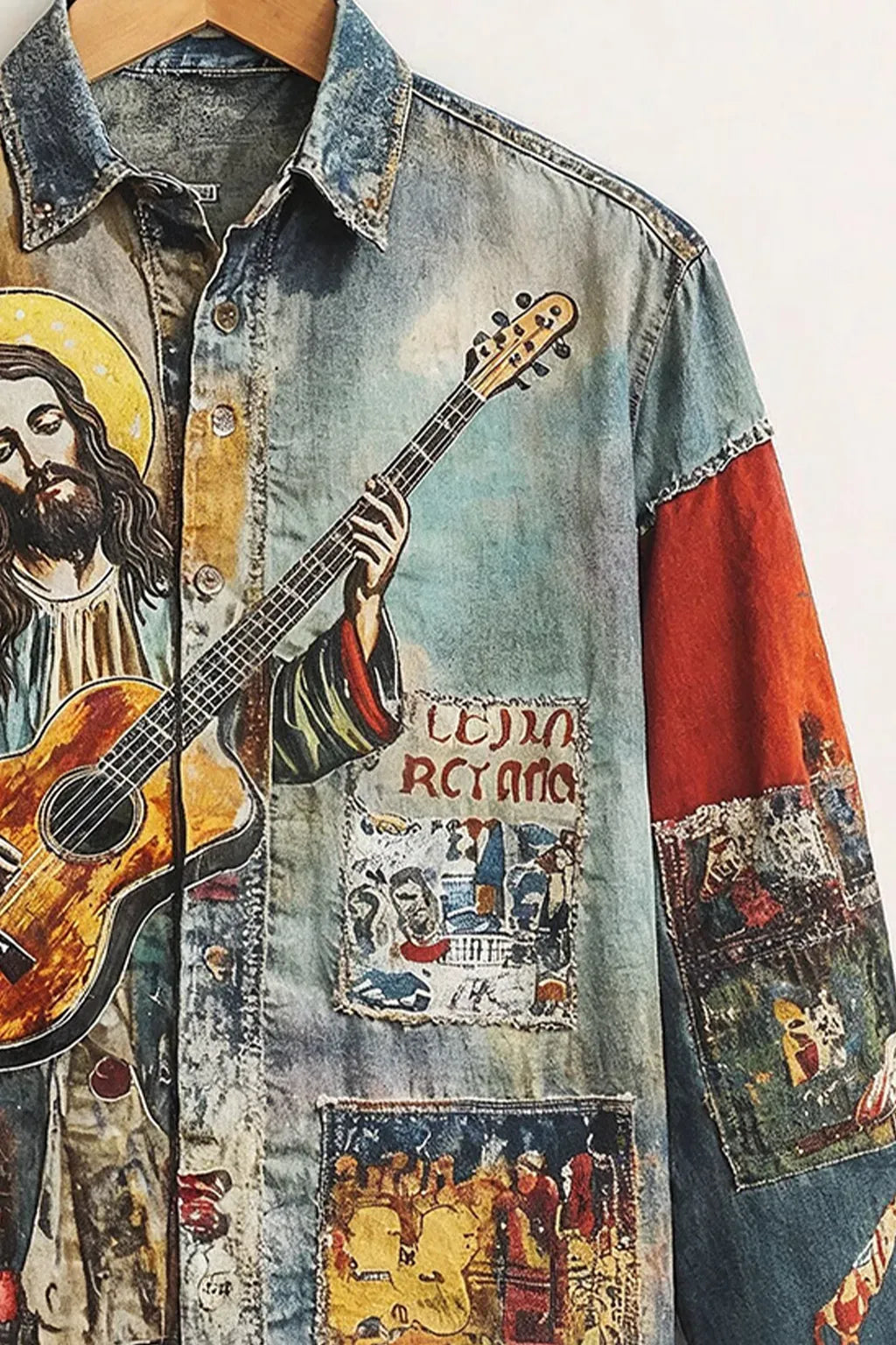 Exploty Vintage Washed Denim Jesus Guitar Graphic Long Sleeve Casual Button-Down Shirt for Men | Premium Artistic Patchwork Printed Denim Fashion Shirt | Retro Streetwear Designer Overshirt