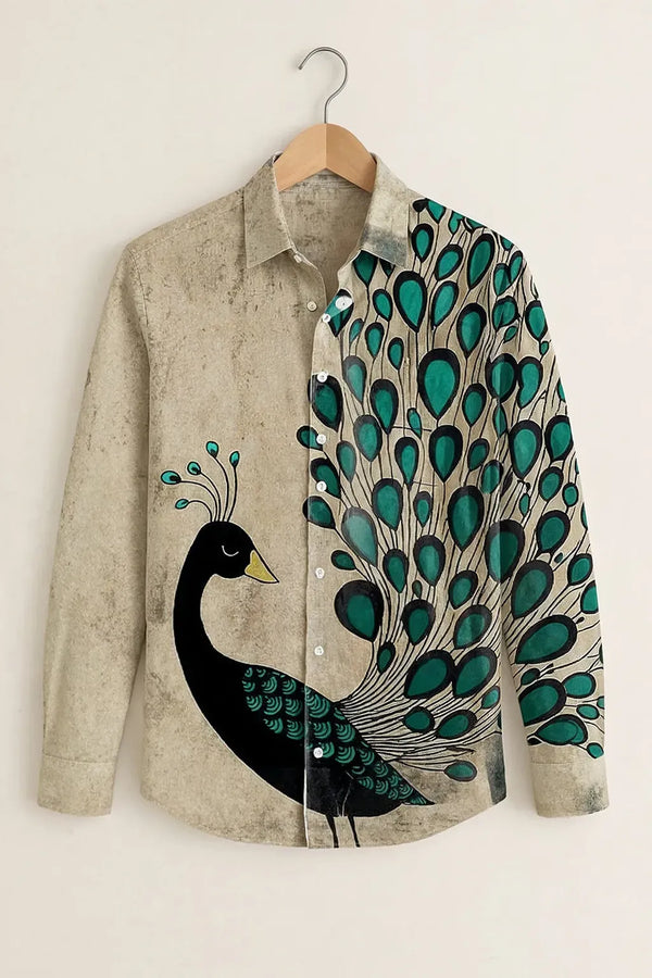 Exploty Premium Peacock Graphic Long Sleeve Casual Button-Down Shirt for Men | Elegant Artistic Bird Print Cotton Blend Fashion Shirt | Vintage Designer Smart Casual Overshirt
