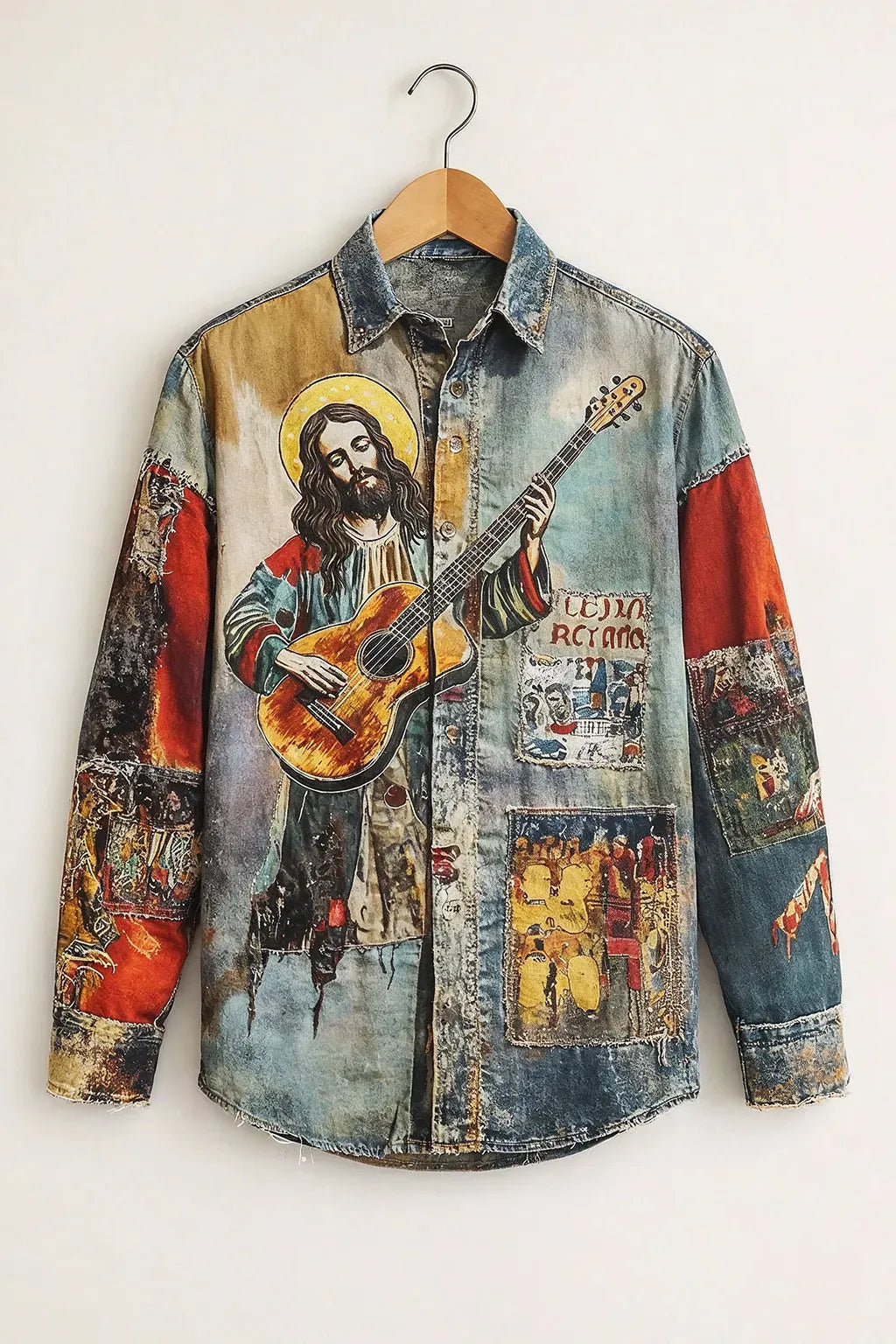 Exploty Vintage Washed Denim Jesus Guitar Graphic Long Sleeve Casual Button-Down Shirt for Men | Premium Artistic Patchwork Printed Denim Fashion Shirt | Retro Streetwear Designer Overshirt