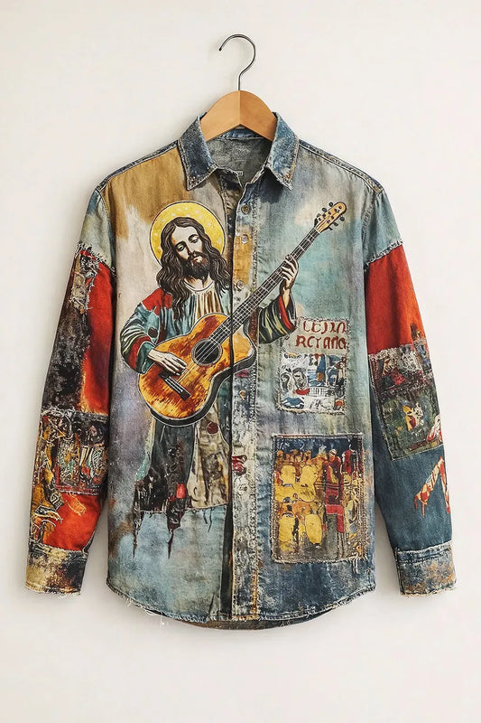 Exploty Vintage Washed Denim Jesus Guitar Graphic Long Sleeve Casual Button-Down Shirt for Men | Premium Artistic Patchwork Printed Denim Fashion Shirt | Retro Streetwear Designer Overshirt
