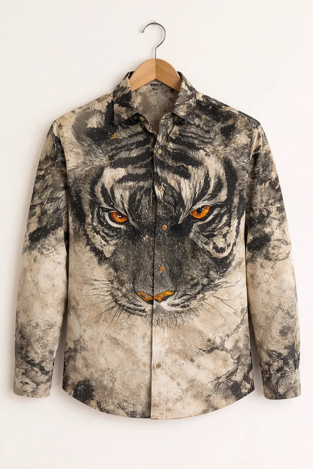 Exploty Fierce Tiger Face Graphic Long Sleeve Casual Button-Down Shirt for Men | Premium Wildlife Printed Cotton Blend Fashion Shirt | Statement Streetwear & Smart Casual Overshirt