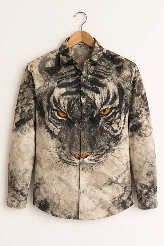 Exploty Fierce Tiger Face Graphic Long Sleeve Casual Button-Down Shirt for Men | Premium Wildlife Printed Cotton Blend Fashion Shirt | Statement Streetwear & Smart Casual Overshirt