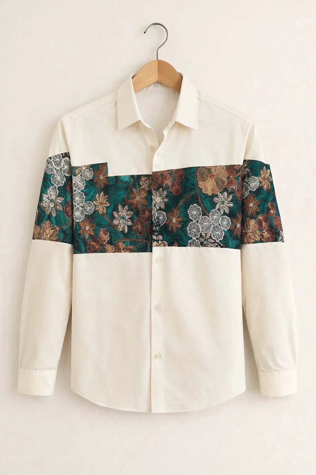 Exploty Premium Floral Panel Long Sleeve Casual Button-Down Shirt for Men | Elegant Botanical Printed Cotton Blend Fashion Shirt | Modern Smart Casual Designer Overshirt