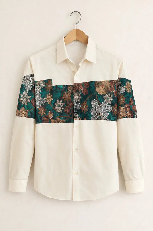 Exploty Premium Floral Panel Long Sleeve Casual Button-Down Shirt for Men | Elegant Botanical Printed Cotton Blend Fashion Shirt | Modern Smart Casual Designer Overshirt