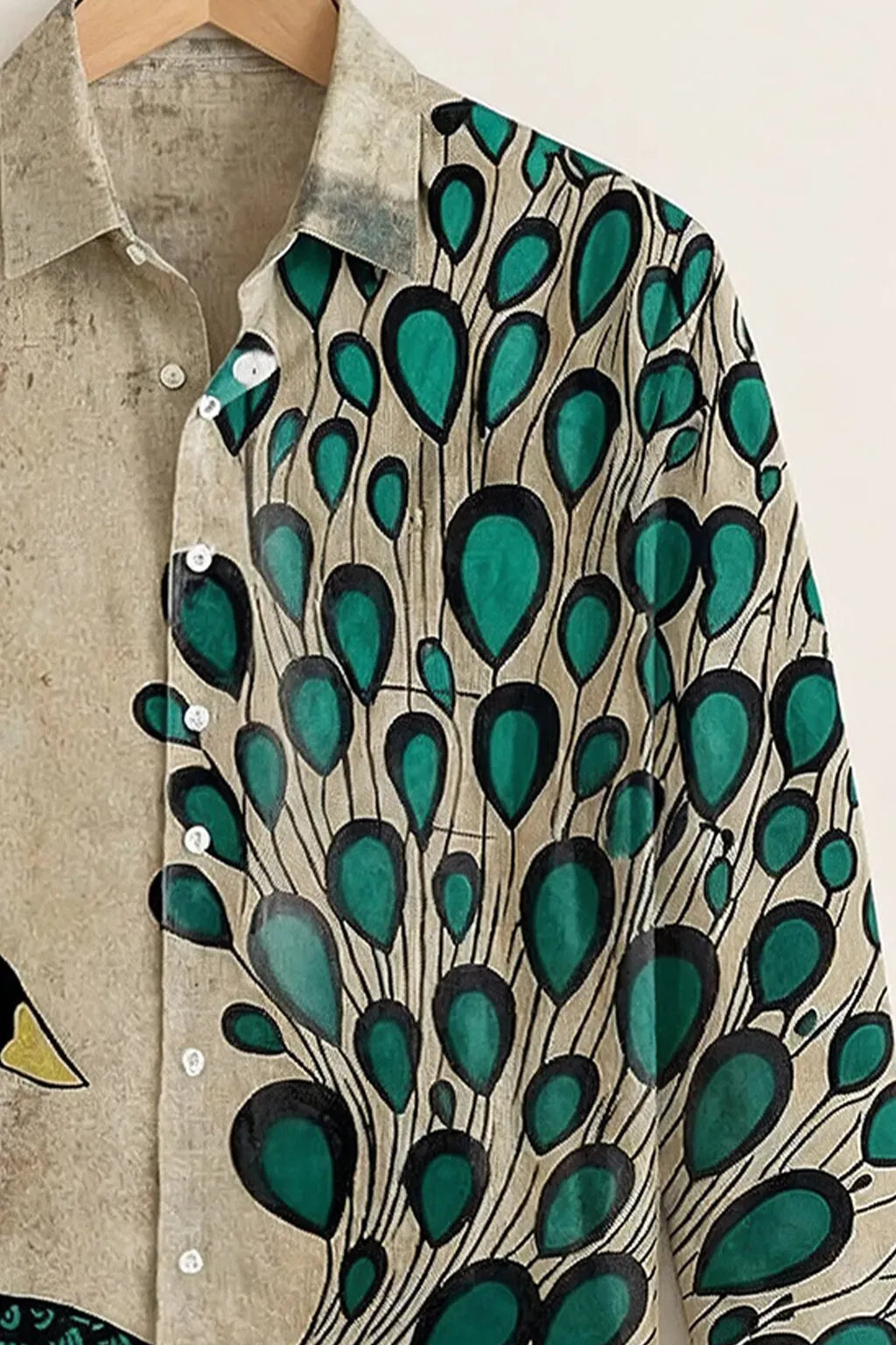 Exploty Premium Peacock Graphic Long Sleeve Casual Button-Down Shirt for Men | Elegant Artistic Bird Print Cotton Blend Fashion Shirt | Vintage Designer Smart Casual Overshirt