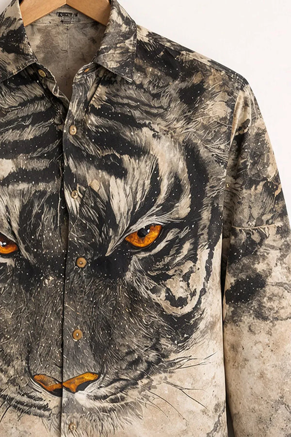 Exploty Fierce Tiger Face Graphic Long Sleeve Casual Button-Down Shirt for Men | Premium Wildlife Printed Cotton Blend Fashion Shirt | Statement Streetwear & Smart Casual Overshirt