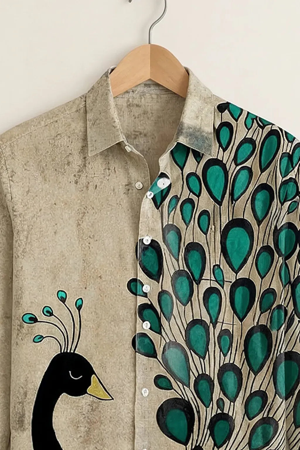 Exploty Premium Peacock Graphic Long Sleeve Casual Button-Down Shirt for Men | Elegant Artistic Bird Print Cotton Blend Fashion Shirt | Vintage Designer Smart Casual Overshirt