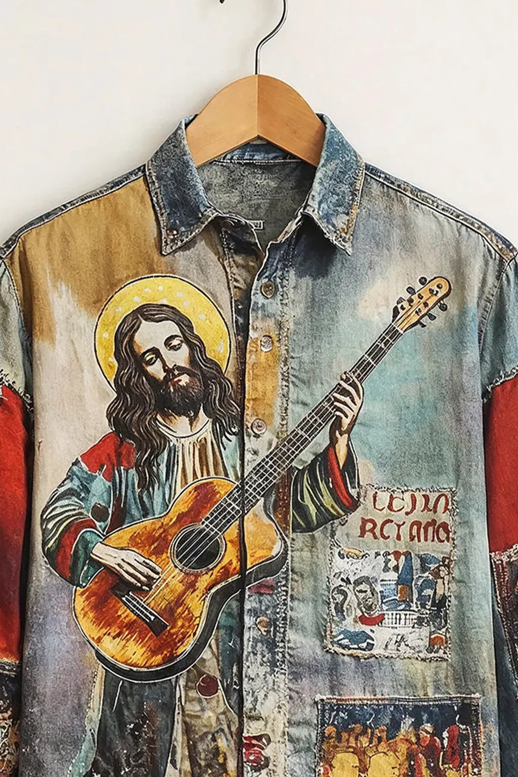 Exploty Vintage Washed Denim Jesus Guitar Graphic Long Sleeve Casual Button-Down Shirt for Men | Premium Artistic Patchwork Printed Denim Fashion Shirt | Retro Streetwear Designer Overshirt