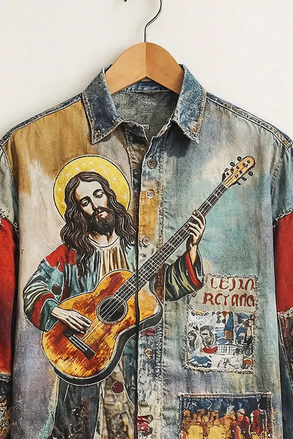 Exploty Vintage Washed Denim Jesus Guitar Graphic Long Sleeve Casual Button-Down Shirt for Men | Premium Artistic Patchwork Printed Denim Fashion Shirt | Retro Streetwear Designer Overshirt