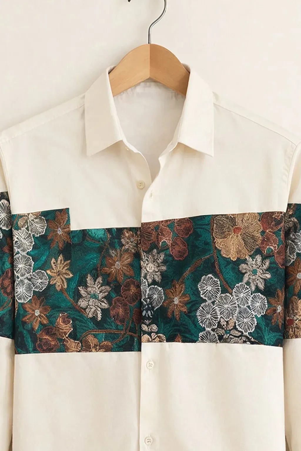 Exploty Premium Floral Panel Long Sleeve Casual Button-Down Shirt for Men | Elegant Botanical Printed Cotton Blend Fashion Shirt | Modern Smart Casual Designer Overshirt