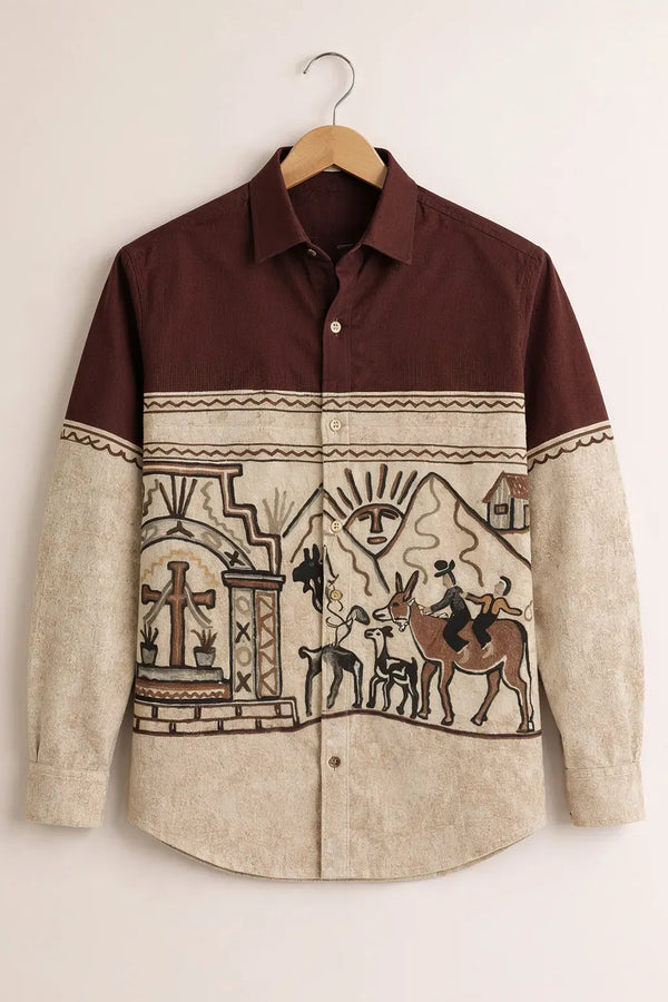 Exploty Vintage Tribal Landscape Graphic Long Sleeve Casual Button-Down Shirt for Men | Premium Ethnic Art Printed Cotton Blend Fashion Shirt | Retro Bohemian Smart Casual Overshirt