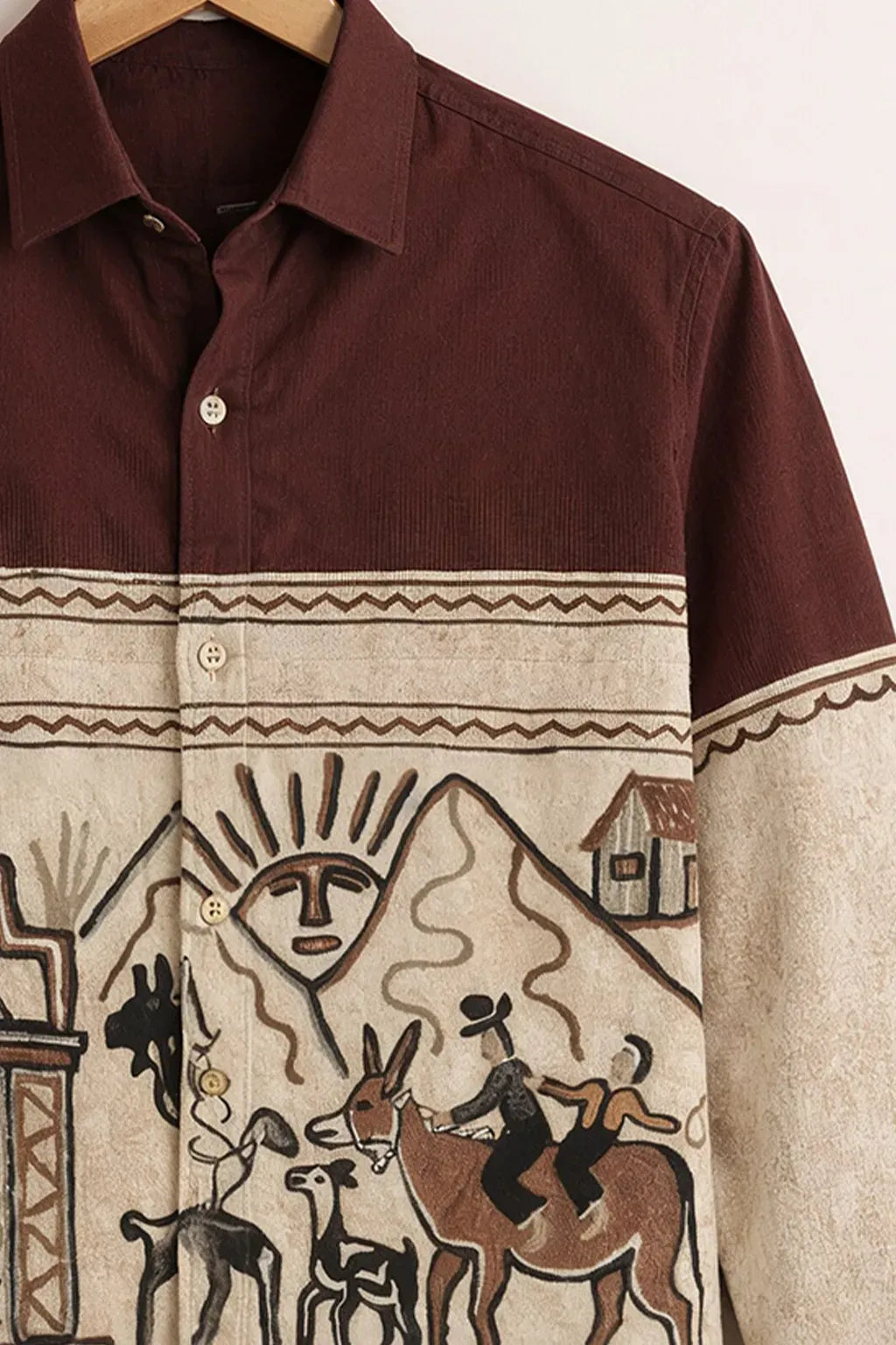 Exploty Vintage Tribal Landscape Graphic Long Sleeve Casual Button-Down Shirt for Men | Premium Ethnic Art Printed Cotton Blend Fashion Shirt | Retro Bohemian Smart Casual Overshirt