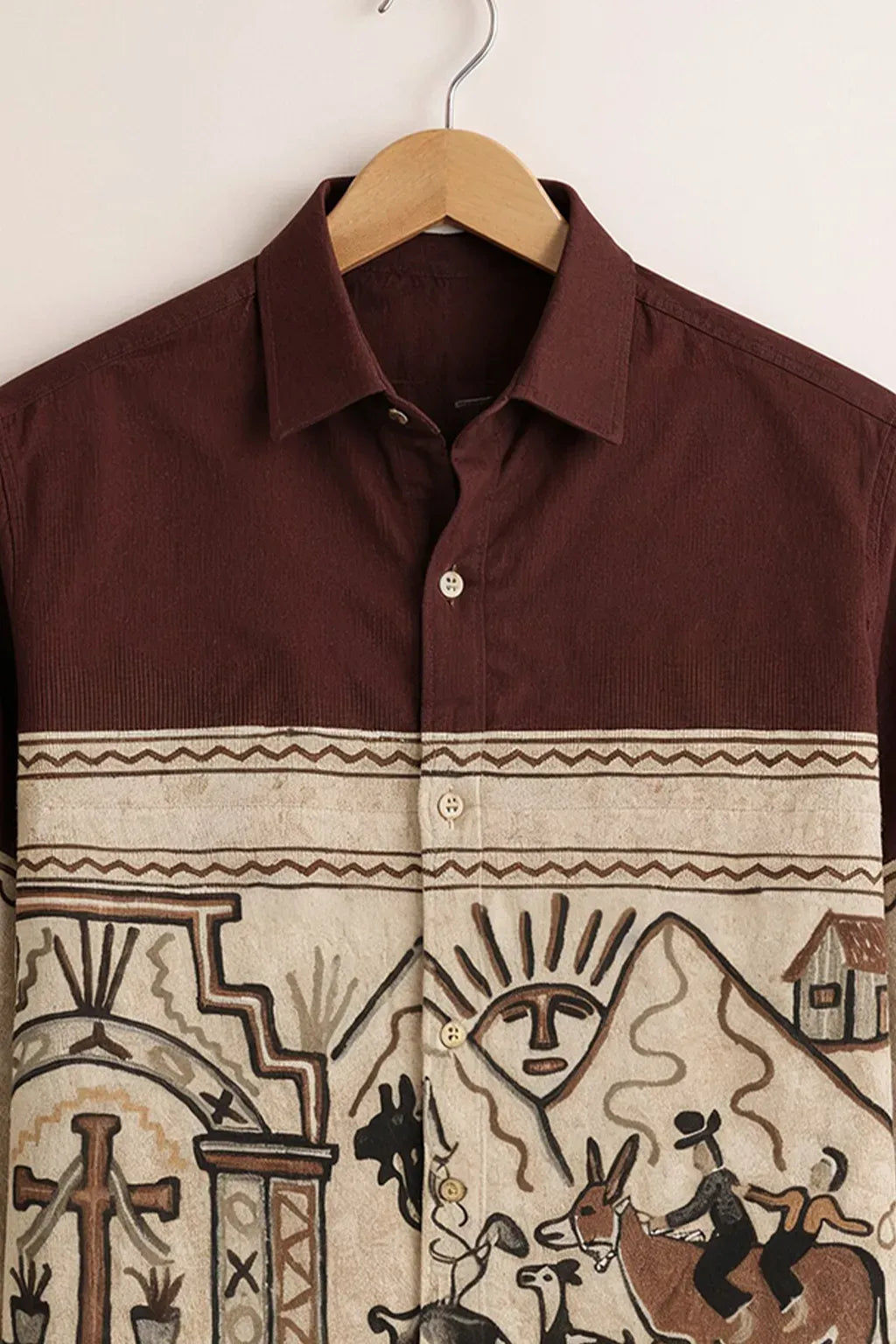 Exploty Vintage Tribal Landscape Graphic Long Sleeve Casual Button-Down Shirt for Men | Premium Ethnic Art Printed Cotton Blend Fashion Shirt | Retro Bohemian Smart Casual Overshirt