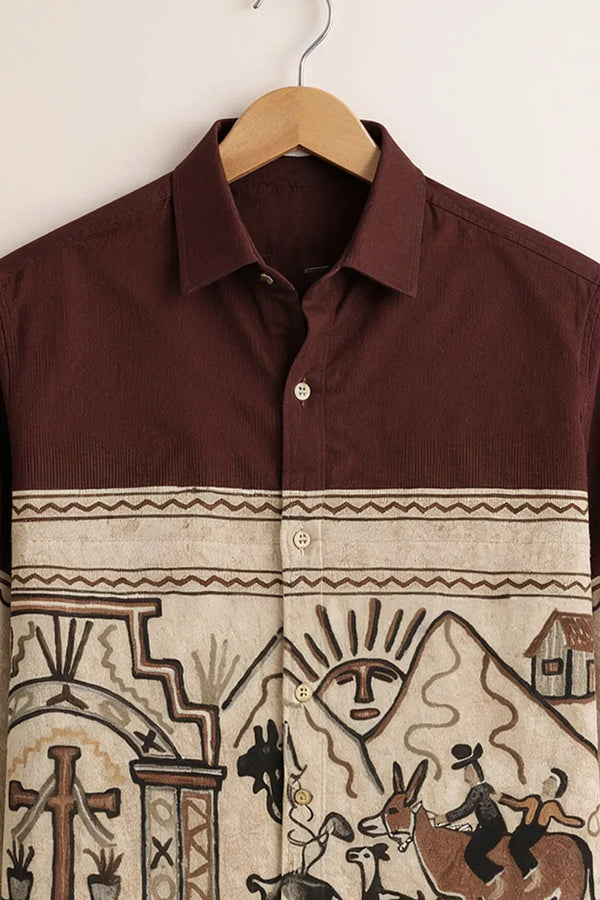 Exploty Vintage Tribal Landscape Graphic Long Sleeve Casual Button-Down Shirt for Men | Premium Ethnic Art Printed Cotton Blend Fashion Shirt | Retro Bohemian Smart Casual Overshirt