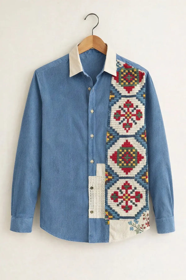 Exploty Premium Ethnic Patchwork Corduroy Long Sleeve Casual Button-Down Shirt for Men | Vintage Bohemian Embroidered Designer Cotton Blend Fashion Shirt | Smart Casual Statement Overshirt