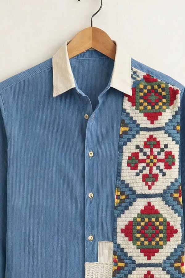 Exploty Premium Ethnic Patchwork Corduroy Long Sleeve Casual Button-Down Shirt for Men | Vintage Bohemian Embroidered Designer Cotton Blend Fashion Shirt | Smart Casual Statement Overshirt