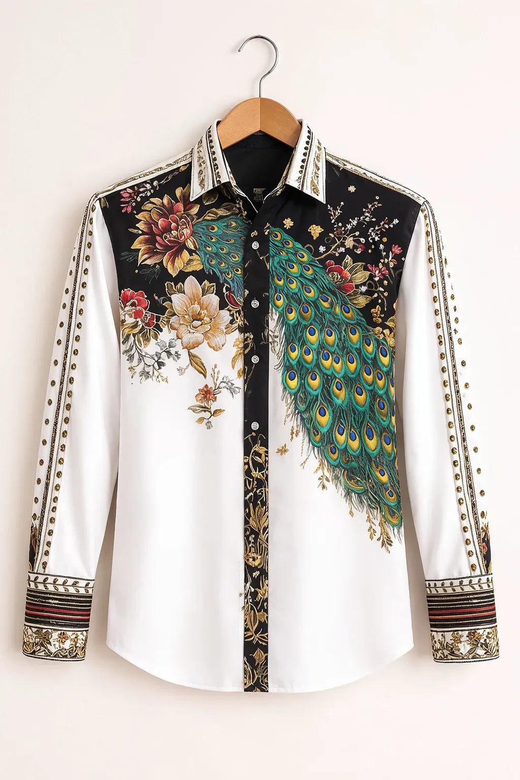 Exploty Luxury Peacock Floral Designer Long Sleeve Casual Button-Down Shirt for Men | Premium Artistic Bird Print Cotton Blend Fashion Shirt | Elegant Smart Casual Statement Overshirt