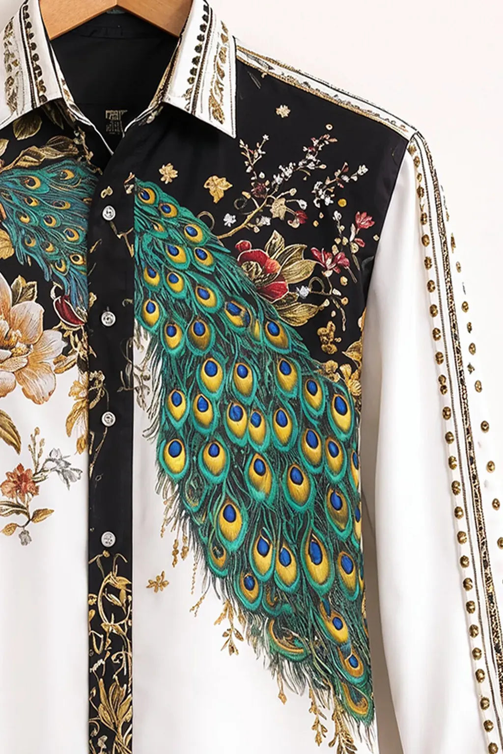 Exploty Luxury Peacock Floral Designer Long Sleeve Casual Button-Down Shirt for Men | Premium Artistic Bird Print Cotton Blend Fashion Shirt | Elegant Smart Casual Statement Overshirt