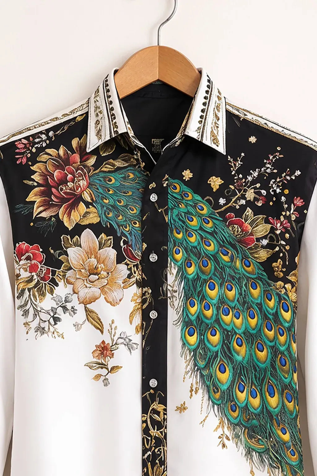 Exploty Luxury Peacock Floral Designer Long Sleeve Casual Button-Down Shirt for Men | Premium Artistic Bird Print Cotton Blend Fashion Shirt | Elegant Smart Casual Statement Overshirt