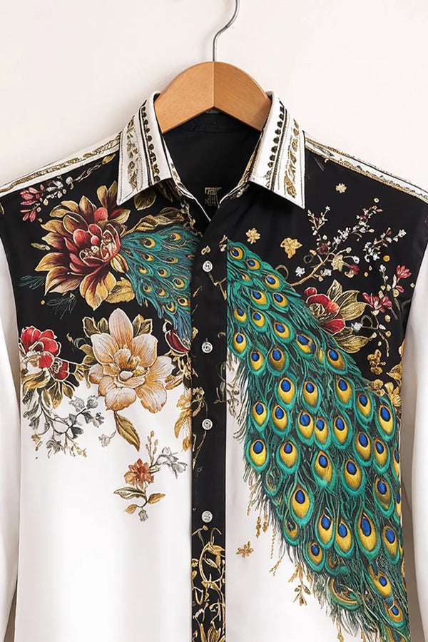 Exploty Luxury Peacock Floral Designer Long Sleeve Casual Button-Down Shirt for Men | Premium Artistic Bird Print Cotton Blend Fashion Shirt | Elegant Smart Casual Statement Overshirt