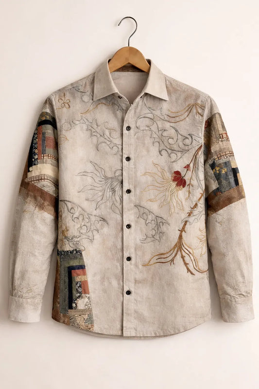 Exploty Vintage Floral Patchwork Long Sleeve Casual Button-Down Shirt for Men | Premium Retro Printed Cotton Blend Fashion Shirt | Smart Casual Overshirt for Everyday Wear