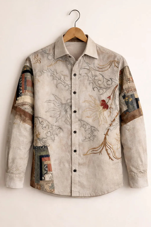 Exploty Vintage Floral Patchwork Long Sleeve Casual Button-Down Shirt for Men | Premium Retro Printed Cotton Blend Fashion Shirt | Smart Casual Overshirt for Everyday Wear