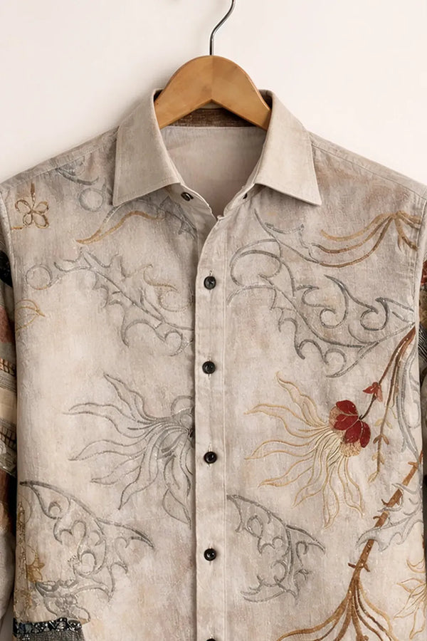 Exploty Vintage Floral Patchwork Long Sleeve Casual Button-Down Shirt for Men | Premium Retro Printed Cotton Blend Fashion Shirt | Smart Casual Overshirt for Everyday Wear